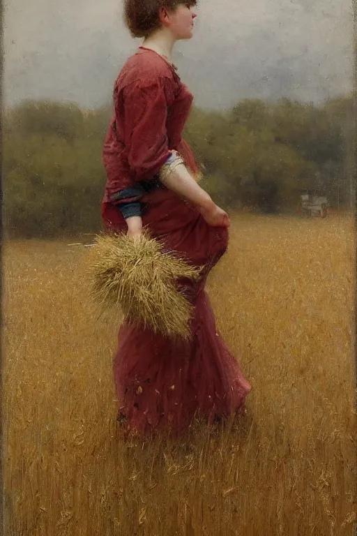 Image similar to Solomon Joseph Solomon and Richard Schmid and Jeremy Lipking victorian genre painting full length portrait painting of a young cottagecore walking in an open field of wheat, red background