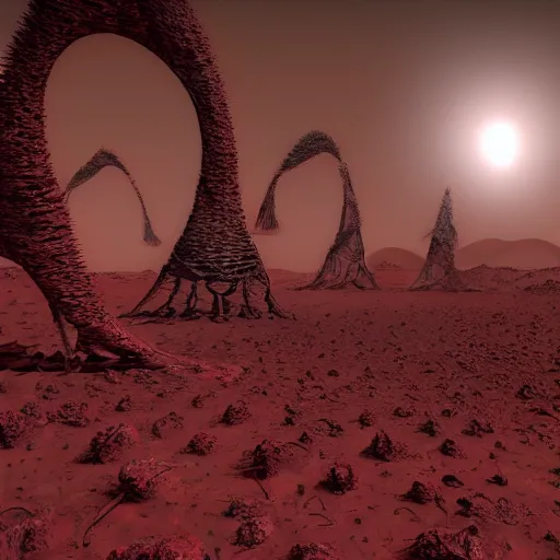 Prompt: biomechanical alien structures on a mars like environment with red weeds covering everything