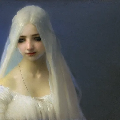 Image similar to a young woman’s face, her hair is white, her eyes are covered with a long flowing blue satin veil, by ivan aivazovsky and and paul delaroche and alma tadema and and willen claesz heda and aelbert cuyp and gerard ter borch, hyperrealistic, rendered in octane