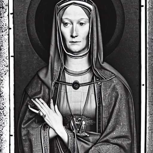 Image similar to A photograph of Hildegard Von Bingen by Richard Avedon, XF IQ4, 150MP, 50mm, f/1.4, ISO 200, 1/160s, natural light, Adobe Photoshop, Adobe Lightroom, DxO Photolab, Corel PaintShop Pro, rule of thirds