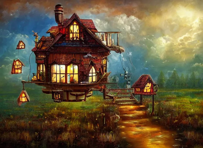 Prompt: cosy happy house floating in the sky with forest, clouds, steampunk, science fiction, magical fantasy, oil on canvas, masterpiece