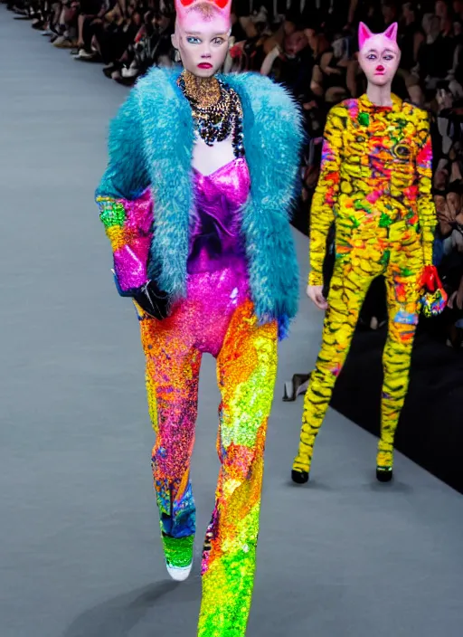 Image similar to hyperrealistic and heavy detailed balenciaga runway show of cats by lisa frank, leica sl 2 5 0 mm, vivid color, high quality, high textured, real life