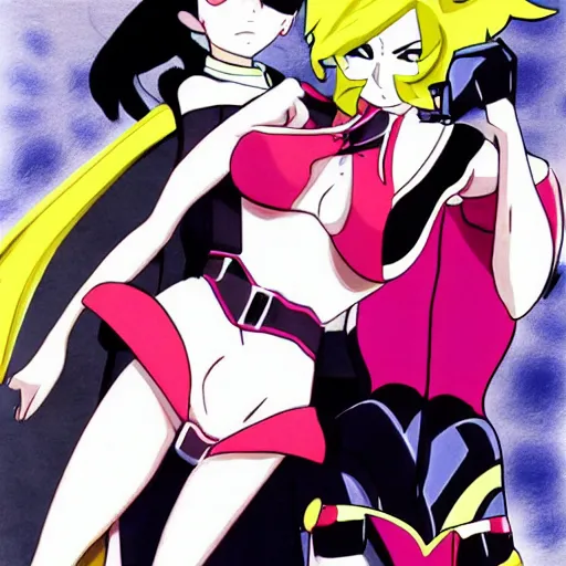 Prompt: cutie honey pouted lips hiroyuki imaishi anime art gainax trigger dvd cover