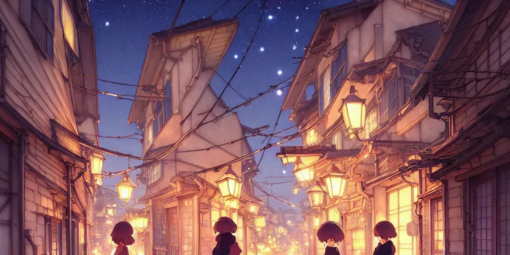 Prompt: the girl and the alley. anime visual of a cozy village, late in the evening, clear night sky. by hayao miyazaki and rossdraws and artgerm and greg rutkowski and alphonse mucha. anime production by studio ghibli. high quality, stunning, intricate detailed environment. 8 k