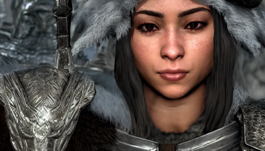 Image similar to closeup skyrim character screenshot of doja cat, solo portrait, enb, ambient occlusion, subsurface scattering, 4 k, bokeh, beautiful, detailed