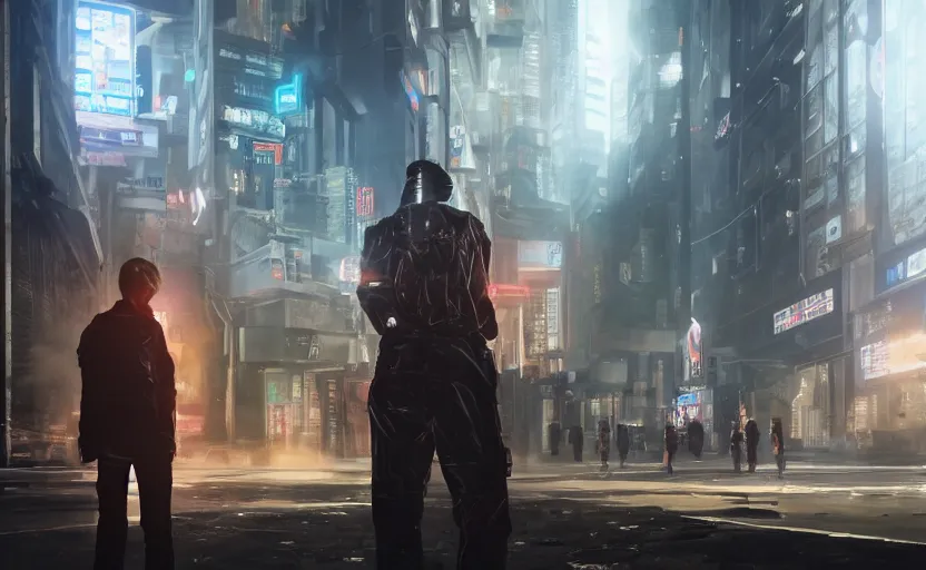 Prompt: anonymous guard with blond hair seen from the back cyberpunk, crowd in front of building detailed, cinematic light, cinematic epic, unreal engine 4 k, 8 k, detailed, ultra realistic, anime