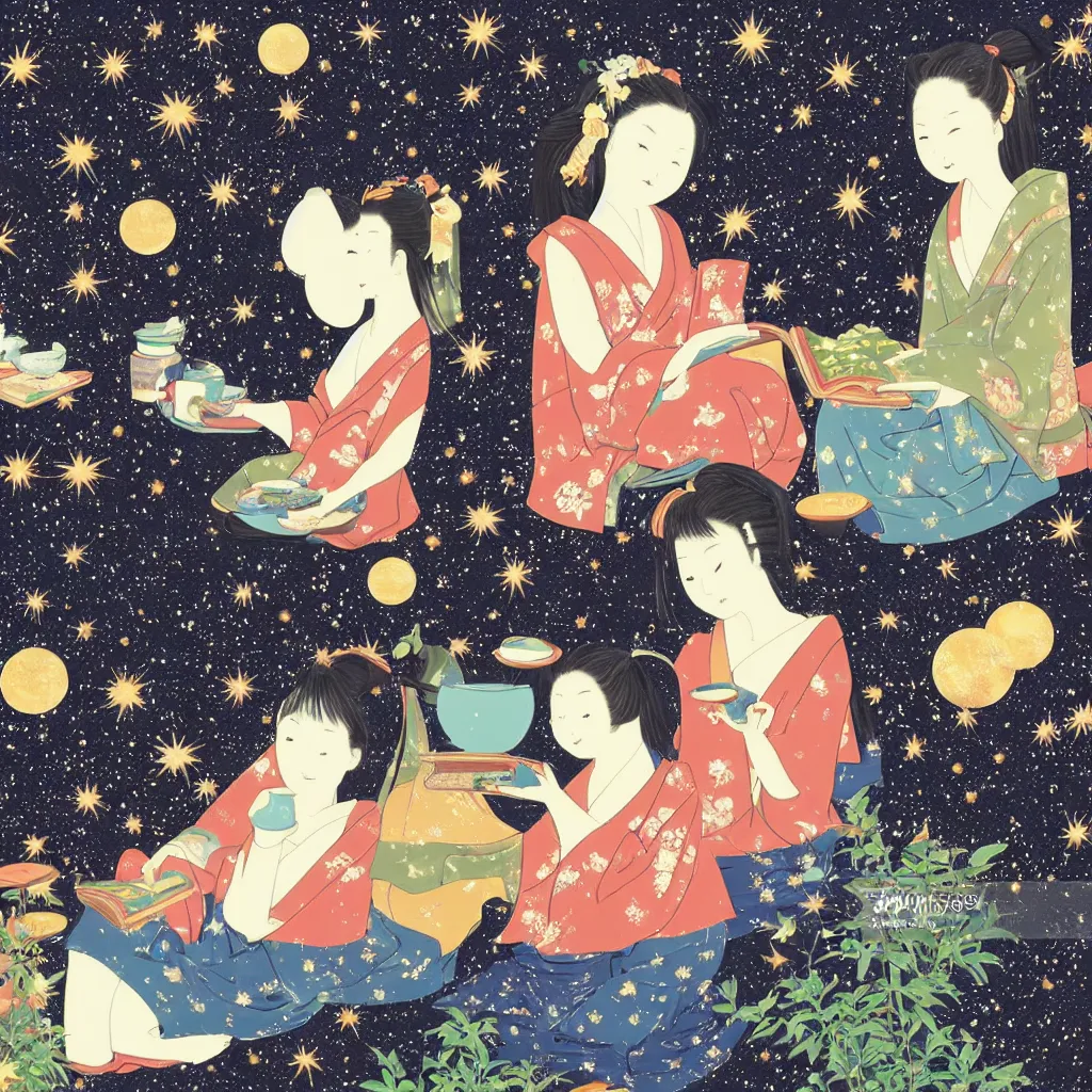 Prompt: Japanese style picture of two sisters reading a book and drinking herbal tea made with celestial fluids in the balcony covered with plant pots which opens up to celestial sky filled with galaxies and planets. A small while do sitting beside them. Scented candles lit around them. Highly detailed. Celestial. Satisfying.