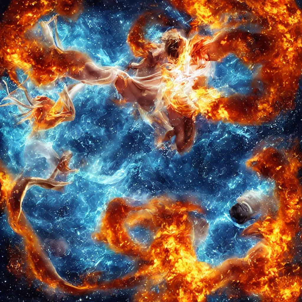 Prompt: gemini star sign being born from fire and ice