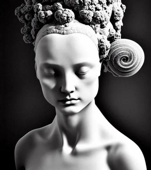 Image similar to dark background, a black and white high quality dreamy photo of a young beautiful female queen-vegetal-cyborg bust with a very long neck and delicate Mandelbrot fractal face, anatomical, facial muscles, veins, arteries, elegant, highly detailed, flesh highly baroque ornate, hair are curled wired cables, elegant, poetic, soft, dreamy, mysterious, high fashion, rim light, in the style of Ellen von Unwerth, Realistic, Refined, Digital Art, Highly Detailed, Cinematic Lighting, rim light, black and white, photo-realistic, 8K