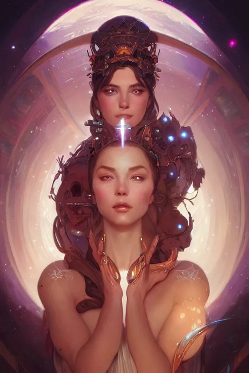 Image similar to epic portrait an space goddess, fantasy, elegant, intricate, full frontal shot, highly detailed, digital painting, artstation, concept art, sharp focus, illustration, art by artgerm and greg rutkowski and alphonse mucha