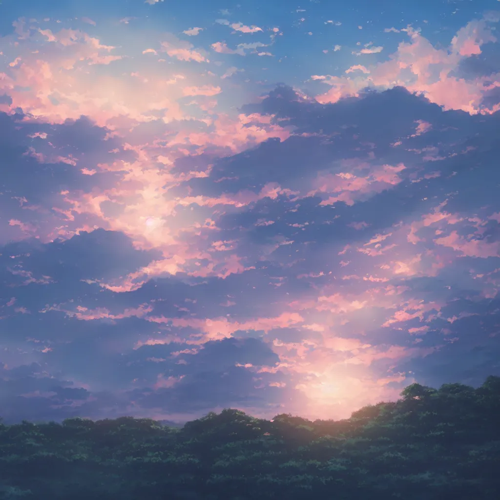 Prompt: Big pink sphere high in the sky at dusk, beautiful matte painting by Makoto Shinkai,