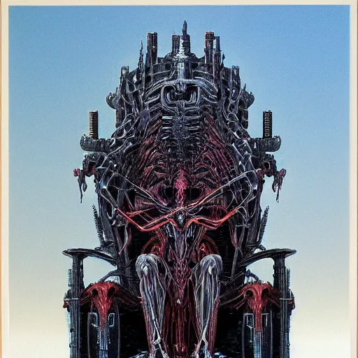 Image similar to biomechanical throne with alienic king connected to it by wayne barlowe