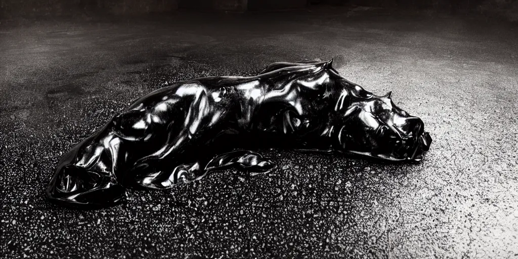 Prompt: a shiny black goo covered panther, panther made of black goo, goo panther, panther made of goo, latex shiny, laying on a tar, covered white couch in a living room, dripping and drooling black goo. digital art, photography, ferrofluid