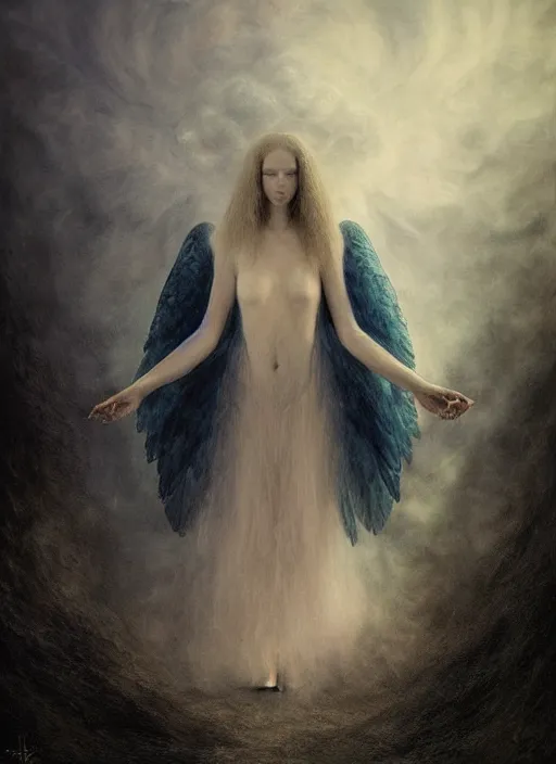 Image similar to Her huge ominous glowing blue eyes staring into my soul , perfect eyes, soft pale white skin, agostino arrivabene, Tomasz strzalkowski, twisted dark lucid dream, 8k portrait render, raven angel wings, swirling thick smoke , beautiful lighting, dark fantasy art, rococo, cgsociety