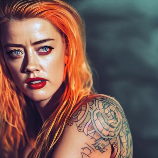 Prompt: amber heard with tattoos on forehead in orange prison uniform, ultra realistic, canon 3 5 mm portrait photography, 8 k