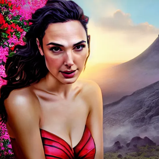 Image similar to Portrait of the beautiful woman Gal Gadot, she is posing, she has a crown of flowers, she is sitting on a rock at the side of a volcano, there is fog, she is getting ulluminated by the rays of the sunset, the photo was taking by Steve McCurry, matte painting, oil painting, naturalism, 4k, 8k