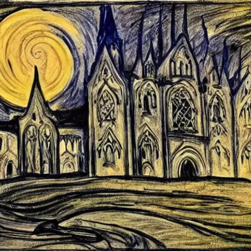 Prompt: beautiful gothic castle landscape in the style of Edvard Munch