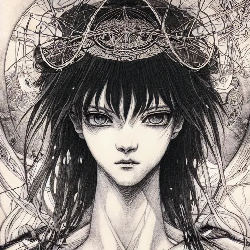 Image similar to prompt: Fragile looking vessel portrait soft light drawn by Vania Zouravliov, inspired by Akira 1988 anime, magical and alchemical weapons, soft light, white background, intricate detail, intricate ink painting detail, sharp high detail, manga and anime 2000