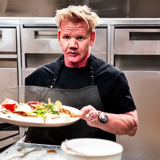 Prompt: gordon ramsay eating the food from trash bin caught on camera