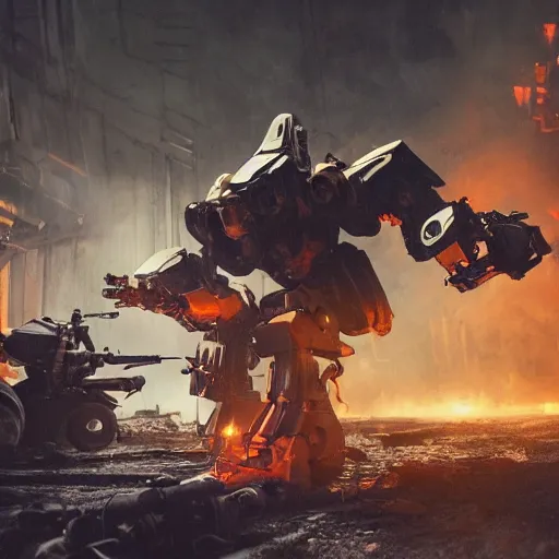 Image similar to failing mecha, dark messy smoke - filled cluttered workshop, dark, dramatic lighting, orange tint, cinematic, highly detailed, sci - fi, futuristic, movie still