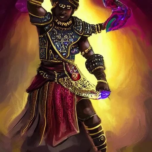 Image similar to a young black boy dressed like an african moorish warrior in gold armor and a crown with a ruby, and a very ornate glowing electric spear!, for honor character digital illustration portrait design, by android jones in a psychedelic fantasy style, dramatic lighting, hero pose, wide angle dynamic portrait