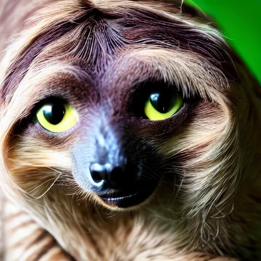 Image similar to a feline sloth - cat - hybrid with a beak, animal photography, wildlife photo, award winning
