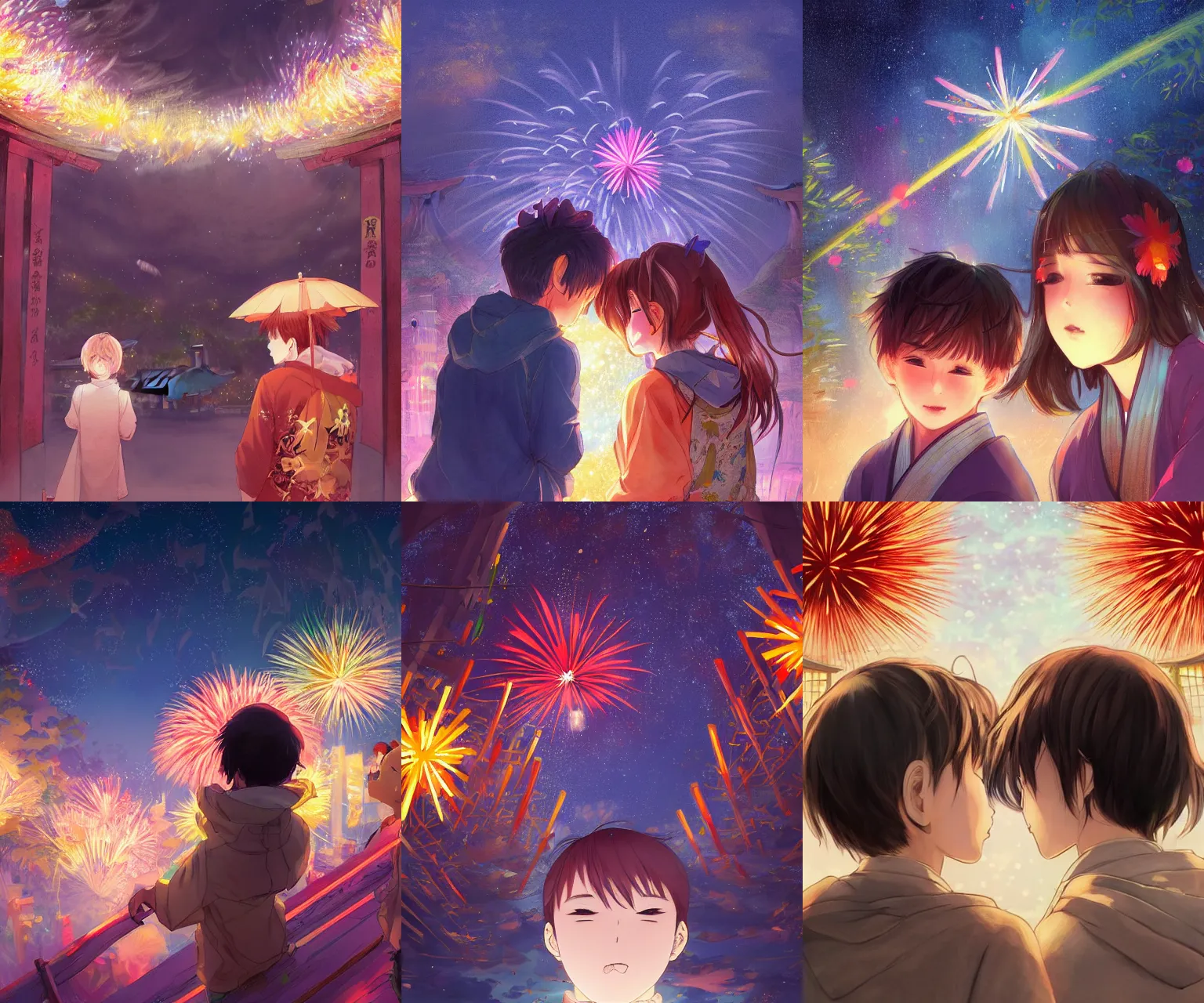 Image similar to beautiful anime painting of a boy and a girl from behind at a shinto shrine looking up at the night sky illuminated by colorful new years fireworks, by WLOP and Slawek Fedorczuk and rossdraws, trending on artstation, concept art