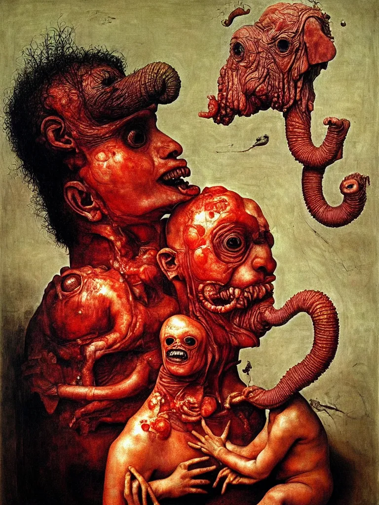 Prompt: a boy like eraserhead and elephant man sitting in a tub full of tomato sauce, looking straight into camera, screaming in desperation, by giuseppe arcimboldo and ambrosius benson, renaissance, fruit, fractal elements, intricate and intense oil paint, a touch of beksinski and hr giger and edward munch, realistic