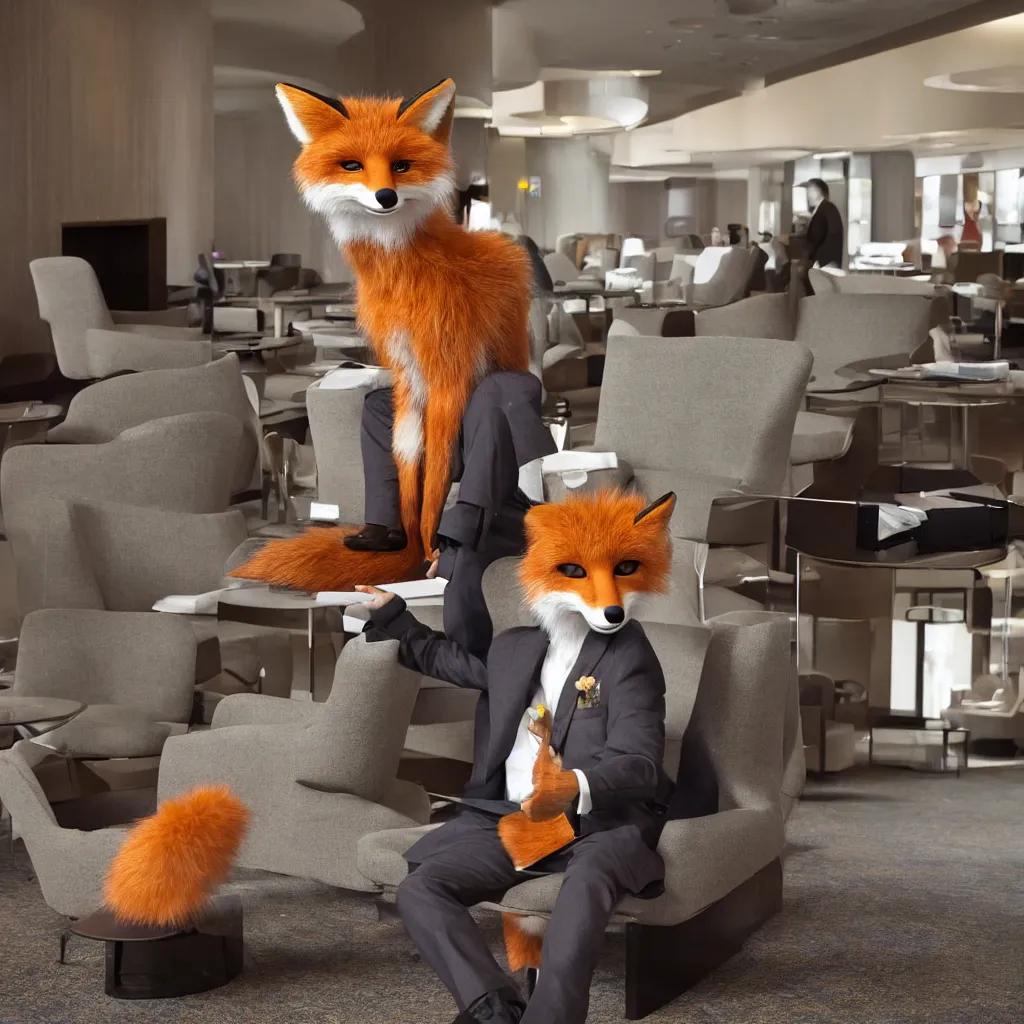 Prompt: a single anthropomorphic fox in suit sitting in the lobby of a futuristic hotel, anthro, furry