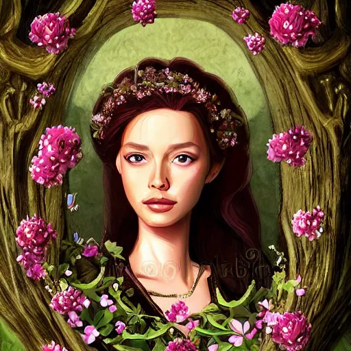 Image similar to portrait portrait of a princess in the castle setting of a girl in the castle of the wilds in the castle - handsome, dramatic style of flower illustration, head sculpted out of wood