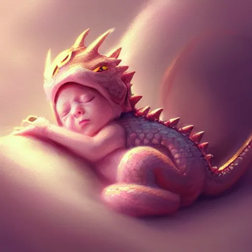 Prompt: cute! little! ( baby ) dragon! sleeping, zzz, light pink, gold color scheme, highly detailed, artgerm, cushart krenz, artstation, soft light, sharp focus, award - winning, 4 k, 8 k, super detailed, illustration, symmetrical, digital art, character design, concept art