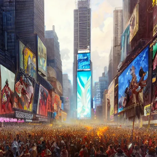 Image similar to A beautiful wide angle cinematic painting of an Indigenous warrior tribe declaring an end to colonizer rule in time square, colonizers demise, intricate detail, ornate, conceptual art, soft light, dynamic, sharp focus, depth of field blur, art by artgerm and greg rutkowski and alphonse mucha