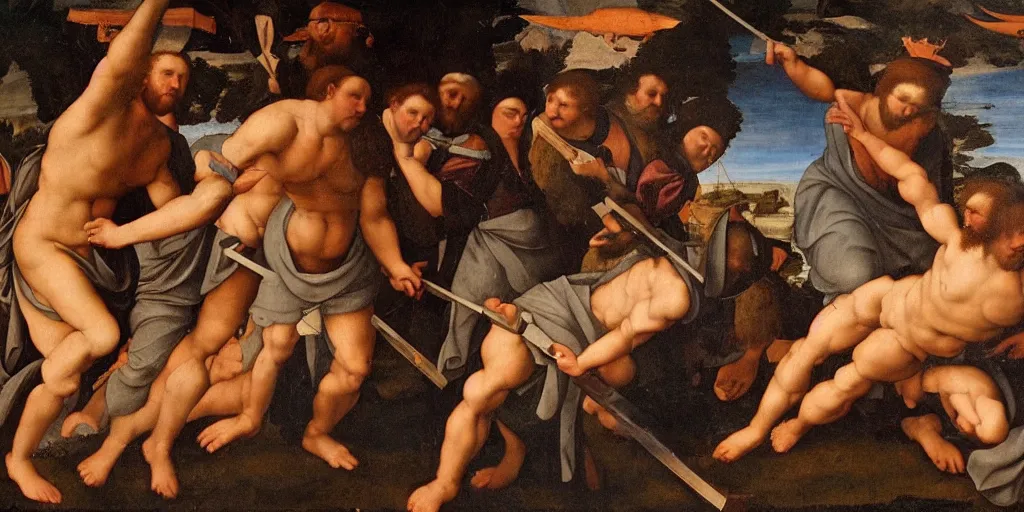 Prompt: a detailed renaissance painting of Cain killing Abel with the Holy Lance