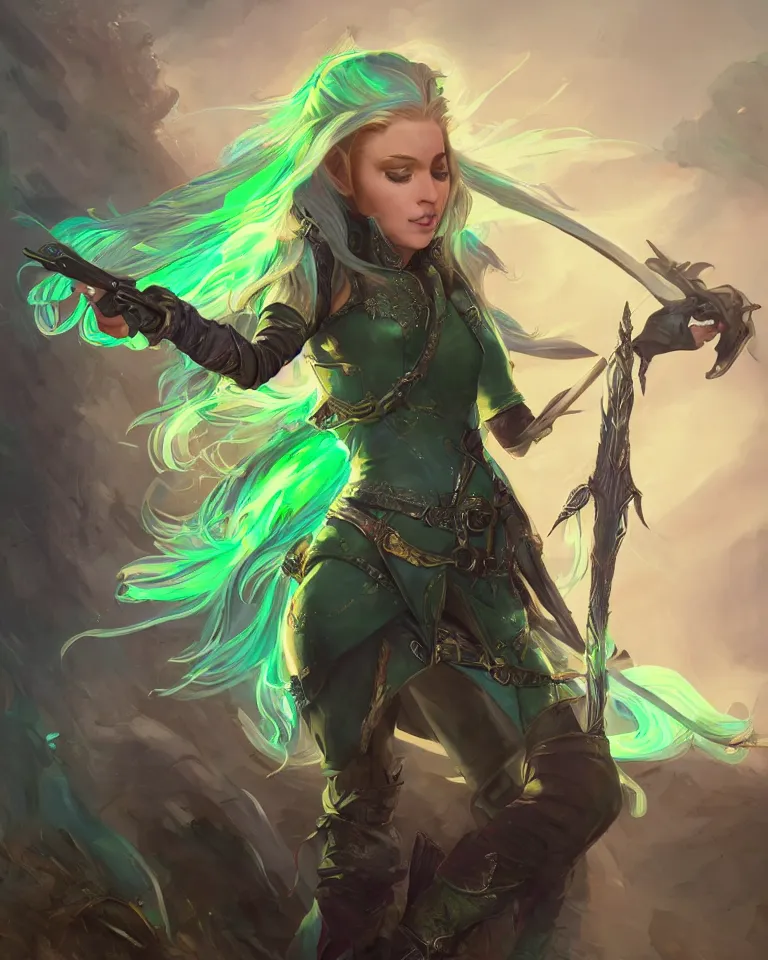 Image similar to portrait of a fantasy half - elf girl with green and blue balayage hair, holding a flintlock pistol, rapier on side, elven clothing, thigh high boots, glowing aura, 4 k, matte painting, greg rutkowski, artstation, concept art