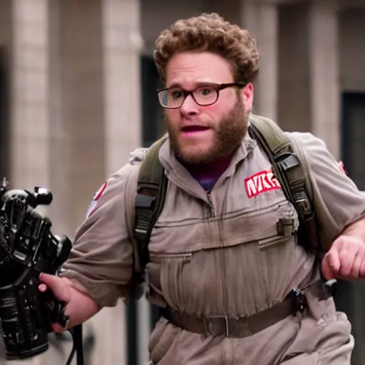 Image similar to awe inspiring Seth Rogen playing a Ghostbuster in a still from the movie Ghostbusters 8k hdr