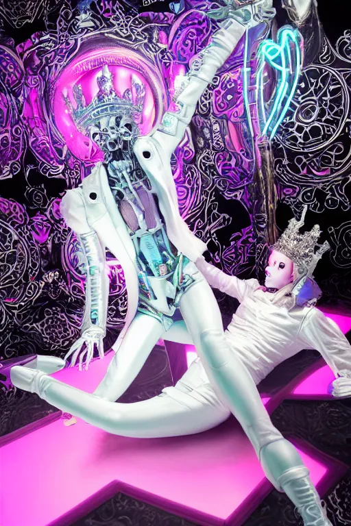 Image similar to full-body rococo and cyberpunk style neon statue of a young attractive portugues macho dotado e rico android sim roupa reclining con las piernas abertas e la piroca dura, glowing white laser eyes, prince crown of pink gears, diamonds, swirling silver-colored silk fabric. futuristic elements. full-length view. space robots. human skulls. intricate artwork by caravaggio. Trending on artstation, octane render, cinematic lighting from the right, hyper realism, octane render, 8k, depth of field, 3D