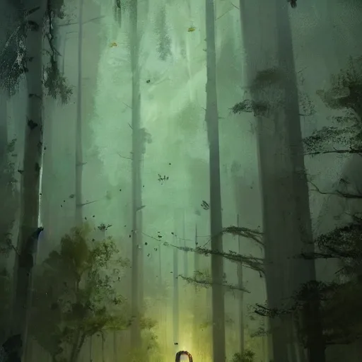 Image similar to concept art by greg rutkowski, a very tall and slender young man, frightened, surrounded by fireflies, in the middle of a forest of giant trees, detailed portraits, disturbing atmosphere, uncanny green lighting, scifi, digital painting, artstation, concept art, smooth, sharp foccus ilustration, artstation hq