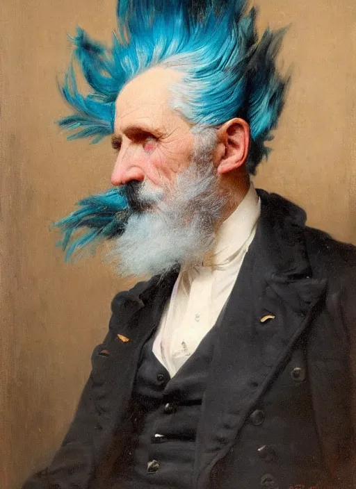 Prompt: a detailed portrait of old man with a extravagant mohawk by edouard bisson, blue hair, punk rock, oil painting, muted colours, soft lighting