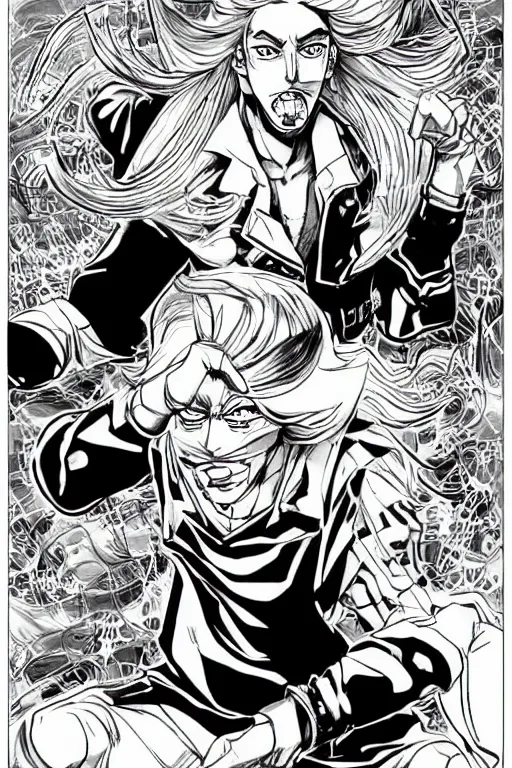 Image similar to jojo's bizzare adventure manga character portrait, boy with blue eyes and long blonde hair, symmetrical face happy, mustache, stubble, steel ball run, handsome face, jojo's bizzare adventure, illustrated by hirohiko araki, illustration