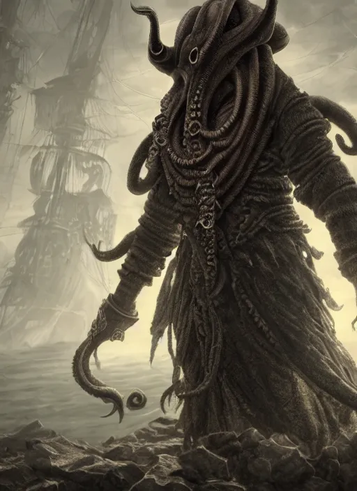 Prompt: detailed full body concept art illustration matte painting of a Cthulhu pirate in full intricate clothing, ultra detailed, digital art, octane render, 4K, dystopian, micro details