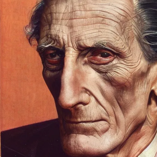 Prompt: Frontal portrait of Peter Cushing. A portrait by Norman Rockwell.