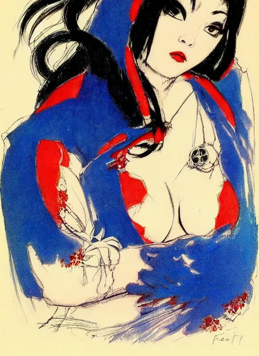 Image similar to portrait of heavyset korean vampiress, jeweled veil, blue and red, strong line, saturated color, beautiful! coherent! by frank frazetta, high contrast, minimalism