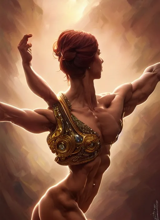 Image similar to muscular goddess dancer of the underworld, crooked nose, shiny, intricate, elegant, higly detailed, ultra definition, digital painting, artstation, vray, concept art, smooth, high speed photography, illustration, art by artgerm and greg rutkowski and alphonse mucha and james jean