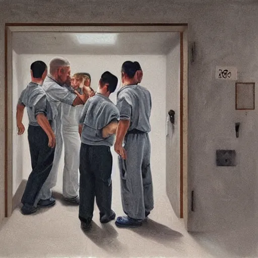 Image similar to hyperrealism painting of prisoners scheming in prison cell to escape prison while guards distracted