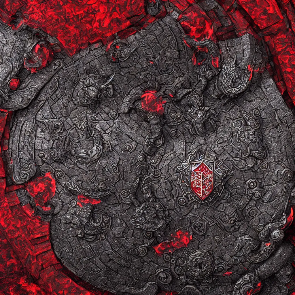 Prompt: ornate and detailed round battle shield made of lava rock and dragon scales, wide angle shot, red and obsidian colors, dungeons and dragons themed, 4 k octane digital render, unreal engine 5, styled by greg rutkowski and extreme levels of detail