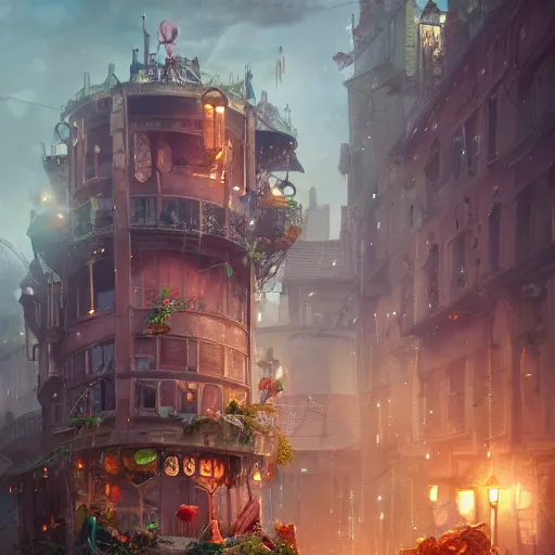 Image similar to a magical fight of vegetables as a magical creatures, cute, clean clear face,in a steampunk city by Greg rutkowski,sung Choi, photorealistic ,8k,cinematic lighting, hd, high detailed, atmospheric, trending on artstation