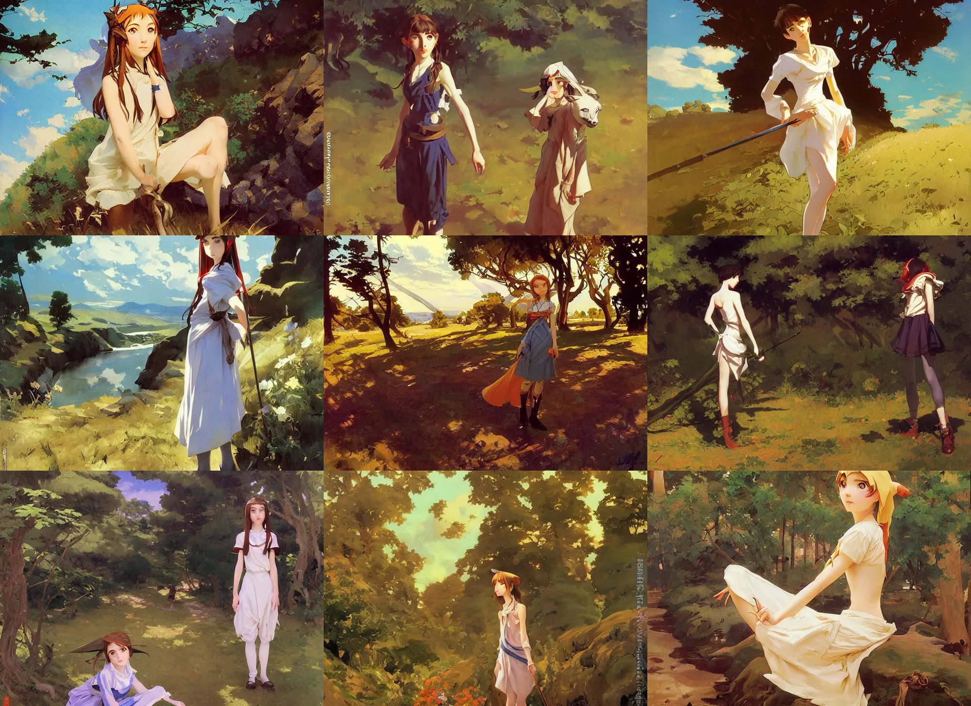 Prompt: painting by sargent and leyendecker and greg hildebrandt savrasov levitan polenov, studio ghibly anime style young skinny girl mononoke, middle earth landscape, masterpiece