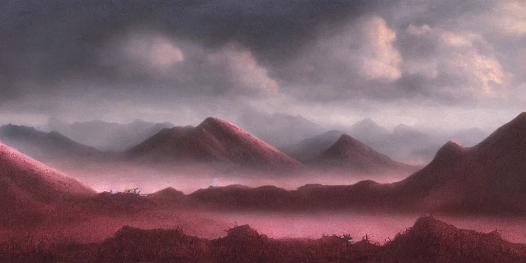 Image similar to Artwork by John Howe of the cinematic view of Xu, a dark planet of dark timberlands, windy scrublands, and mystic valleys, beneath heavy pink clouds.