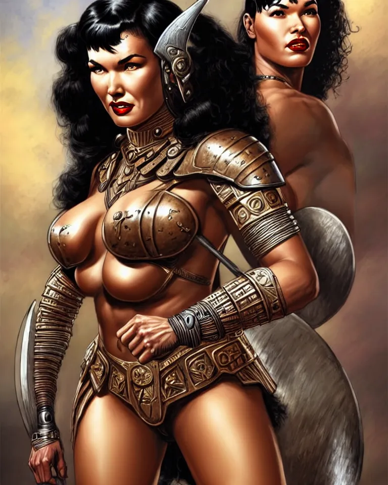 Image similar to a young bettie page as an amazon warrior, tall and beautiful with brown skin and long hair, dressed in hellenistic body armor, intricate, elegant, highly detailed, smooth, sharp focus, detailed face, complete head, one body, art by ardian syaf