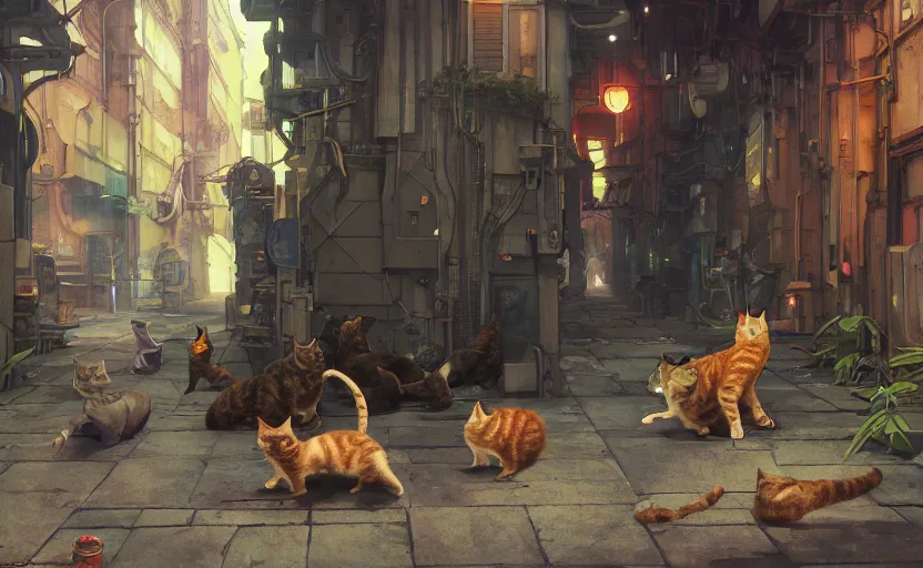 Image similar to a group of cats with one cat stretching in an alleyway in a space opera cyberpunk studio ghibli animated film, volumetric lighting, octane render by anime, stanley artgerm lau, greg rutkowski, thomas kindkade, alphonse mucha, loish, norman rockwel, highly detailed